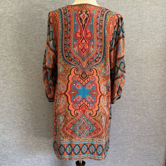 Tolani Boho Silk Tunic Dress Size M Vibrant Festival Hippie Tassels Cover Up - Picture 5 of 16